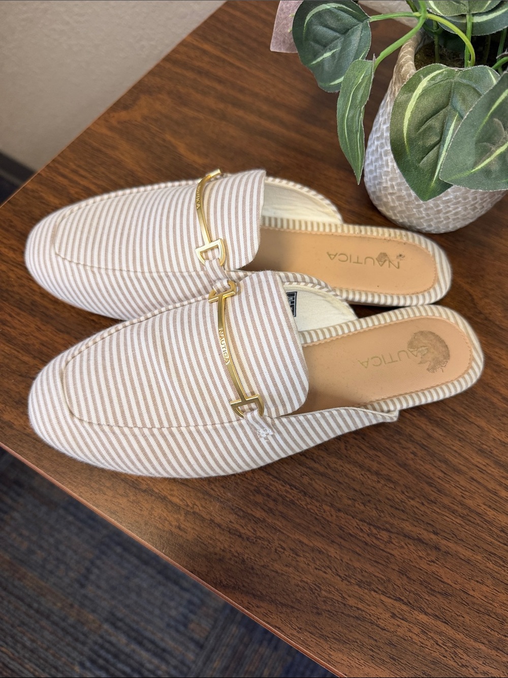 Nautica Beige and White Striped Slip-On Mules with Gold Bar